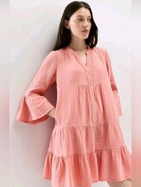Quince Gauze Cotton Tiered Dress XS Coral Bell Sleeve Boho Flowy Lightweight